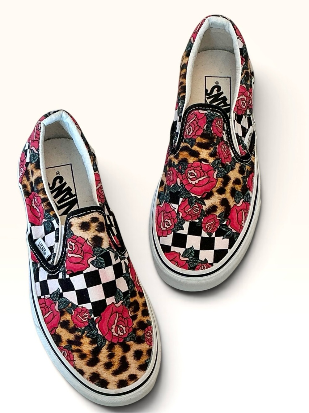 Vans Classic Slip On - Rose, Animal /Checkerboard Size US Men 5.5 - US Women 7